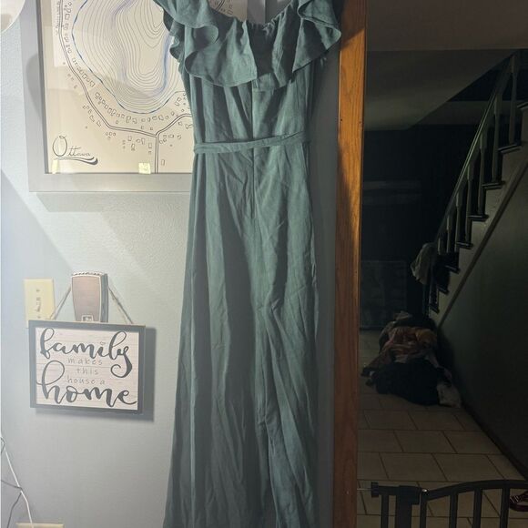 Lulu's Off The Shoulder Dark Sage Green Linen/ Rayon Ankle Length Jumpsuit Sz XL - Picture 8 of 12